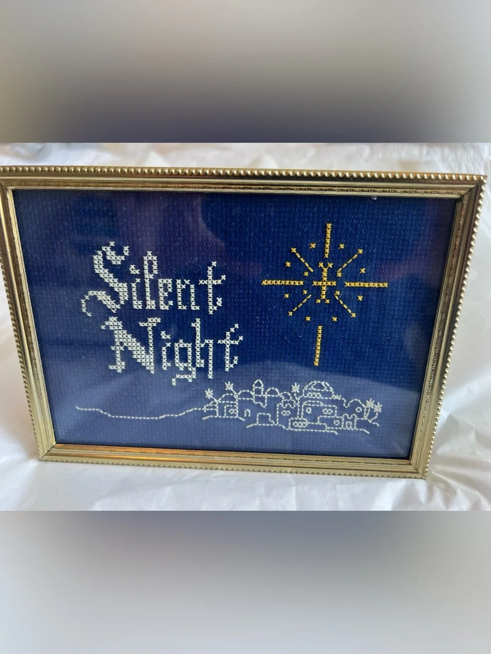 Framed 'Silent Night' Cross-Stitch Wall Art in Navy and Gold 4x6
